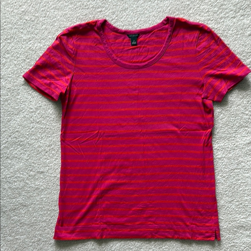 Ann Taylor Women's Pink and Orange Striped Tee Size M
